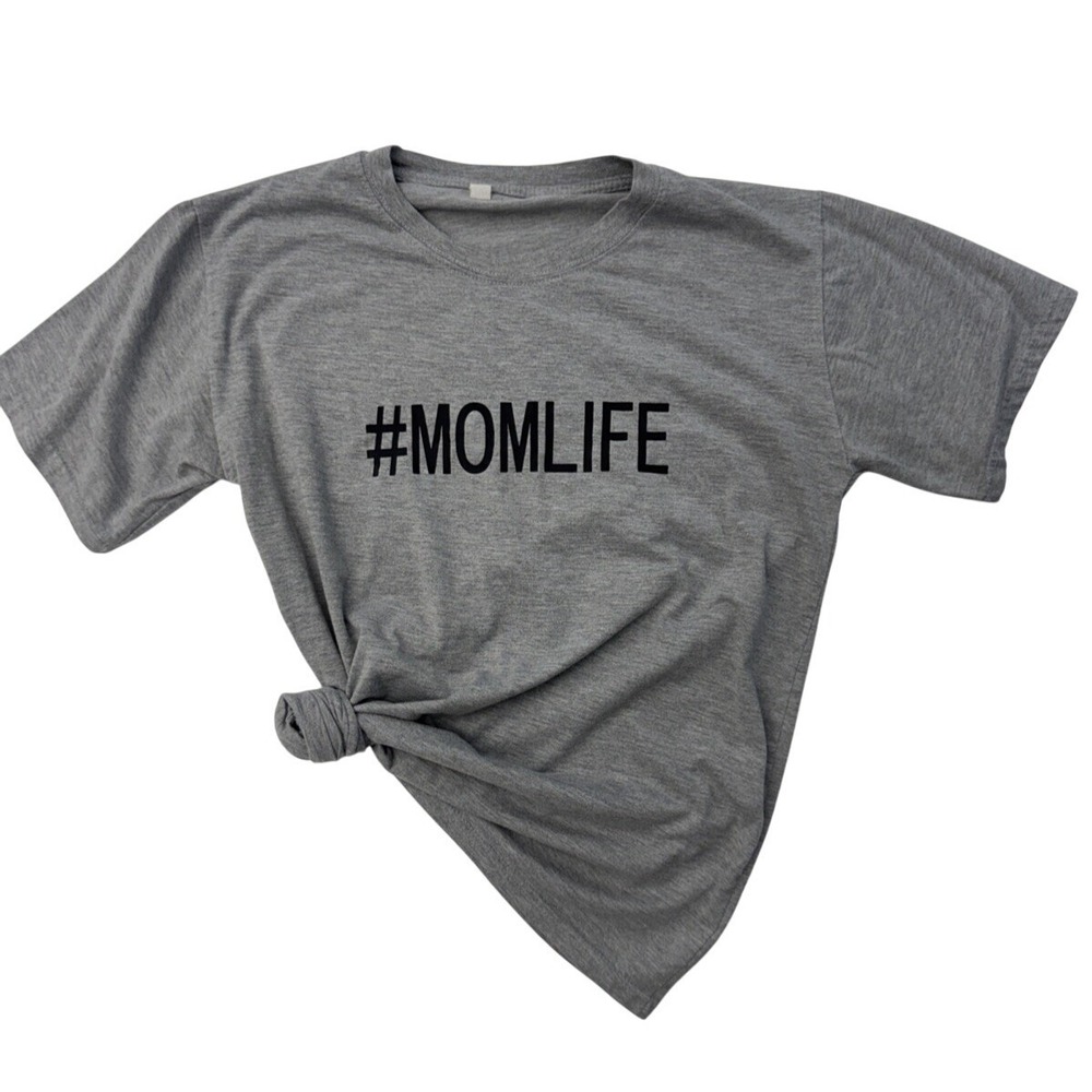Women's M Grey Basic T Shirt #Momlife Short Sleeve Summer Funny Mom Top Crewneck